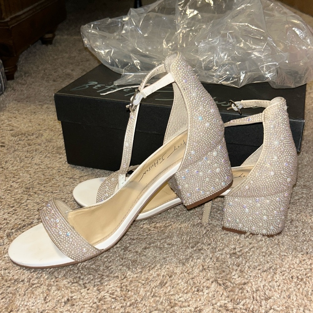 Betsey Johnson Pearl-Embellished Ivory Block Heel Sandals